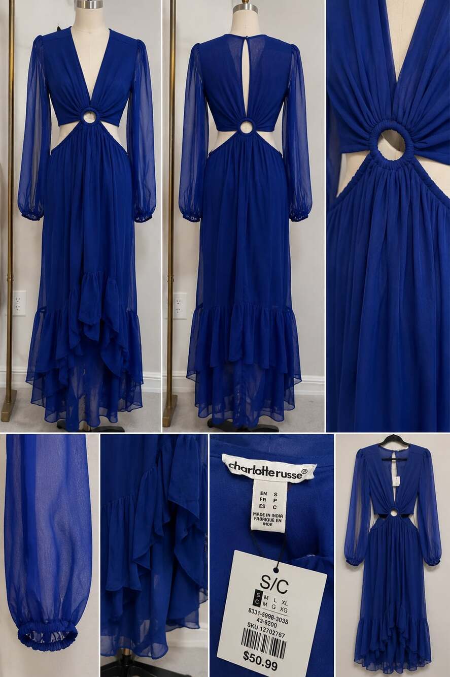 Charlotte Russe Blue Long Sleeve Cut-Out Ruffle Maxi Dress